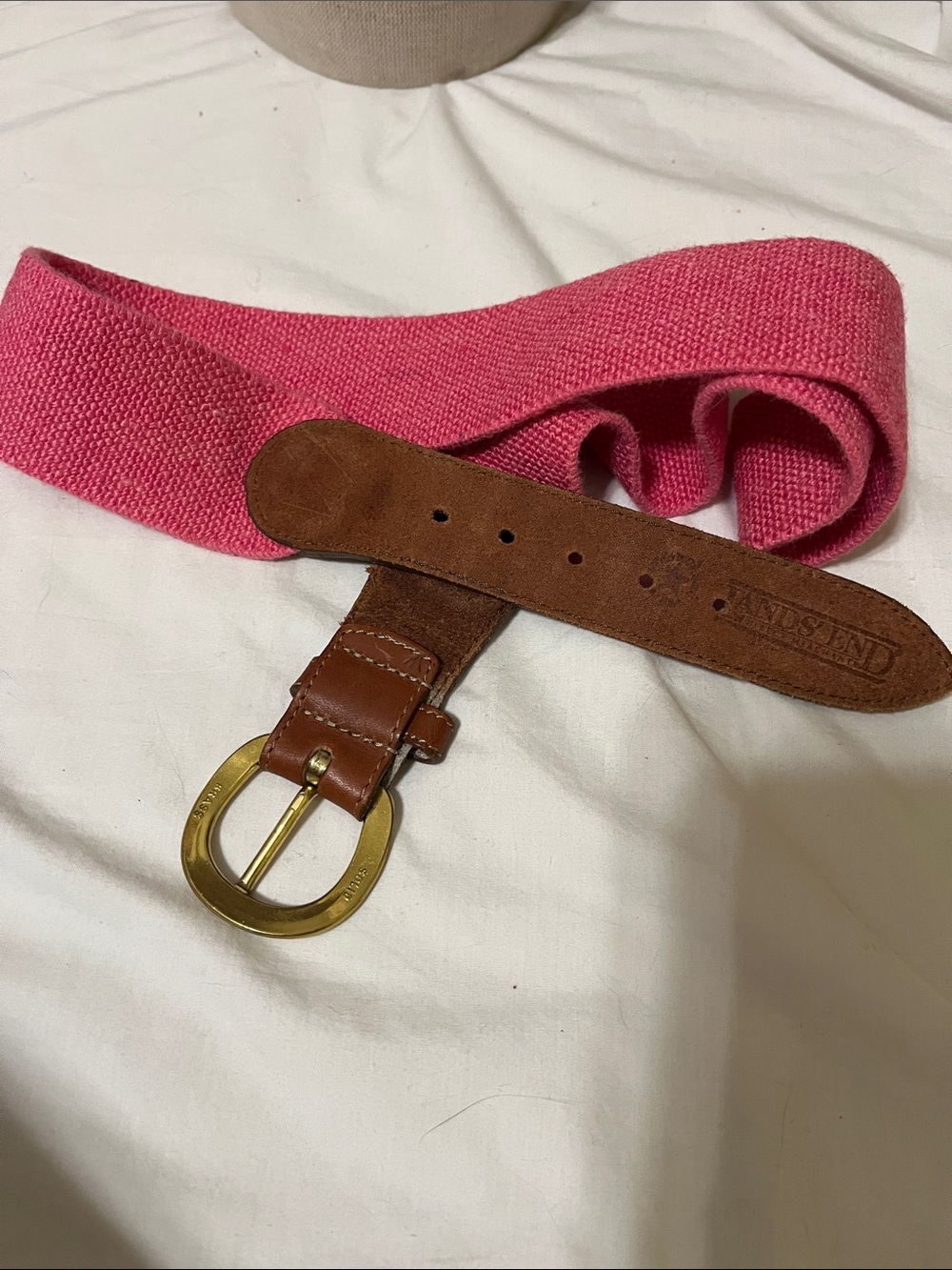 Lands' End Pink Stretch Canvas Belt with Brown Leather Trim and Brass Buckle
